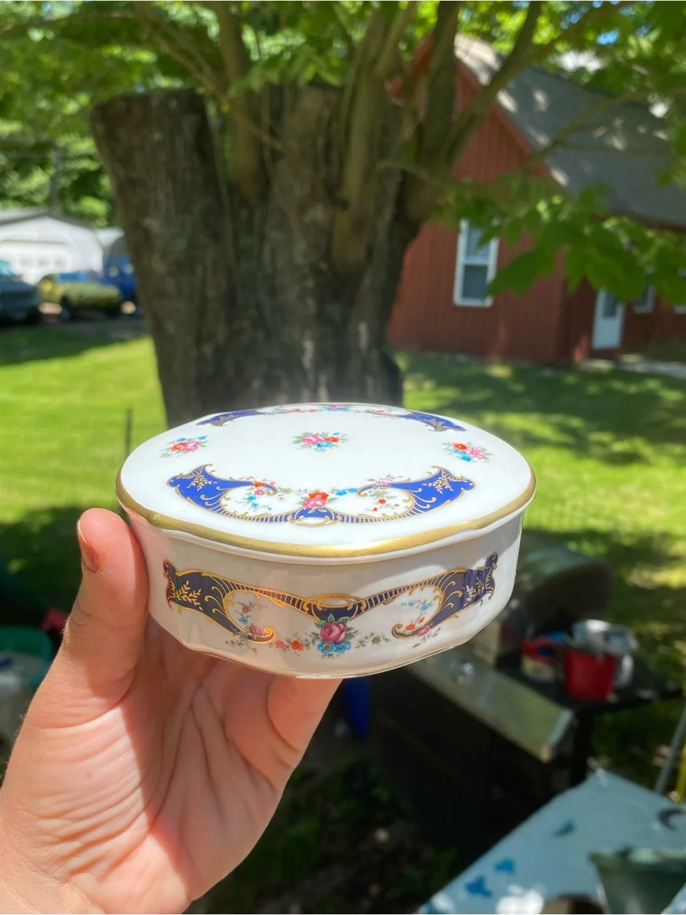 Vintage Portugal Porcelain Trinket Dish Delicate Floral Blue Gold Design